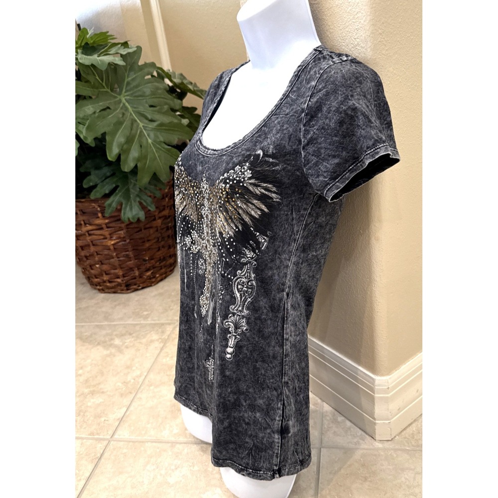 Vintage Y2K Top Acid Wash Tee T-Shirt Large Grunge Rhinestone Cross Wings Gothic - Picture 2 of 9